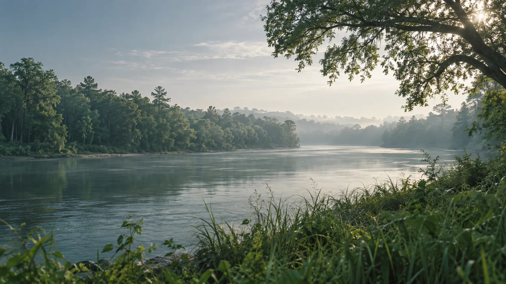 Morning light across a quiet river and wooded banks