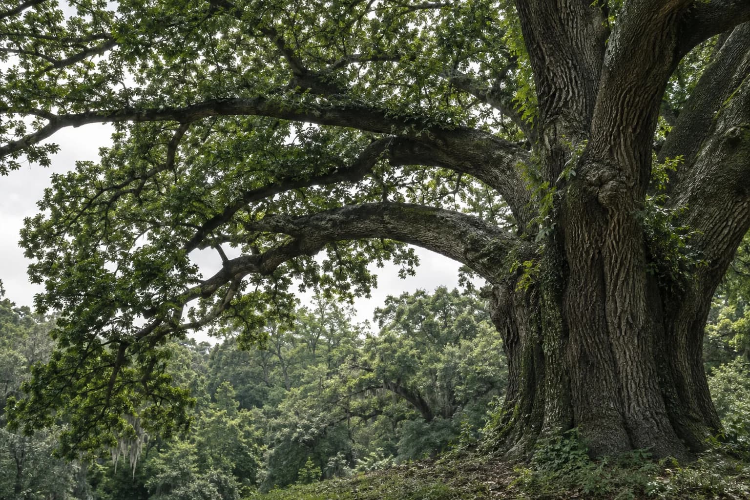 The textured trunk and spreading branches of a mature oak